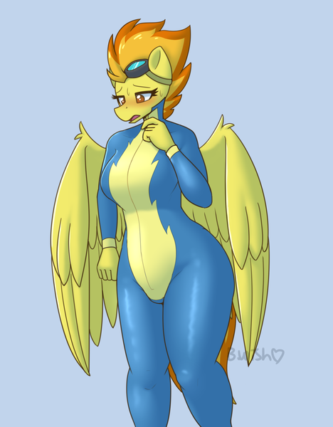 Size: 1656x2124 | Tagged: safe, artist:puetsua, derpibooru import, spitfire, anthro, pegasus, bedroom eyes, blushing, bodysuit, breasts, busty spitfire, clothes, commission, digital art, eyebrows, eyelashes, feathered wings, female, folded wings, goggles, goggles on head, image, no pupils, open mouth, png, sexy, signature, solo, solo female, stupid sexy spitfire, sweat, sweatdrops, tail, thighs, uniform, wide hips, wings, wonderbolts uniform