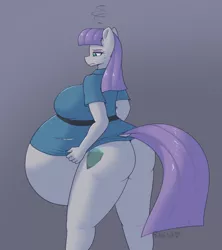 Size: 1756x1981 | Tagged: suggestive, artist:puetsua, derpibooru import, maud pie, anthro, earth pony, ass, belly, big belly, breasts, busty maud pie, butt, clothes, commission, digital art, female, huge belly, hyper, hyper belly, hyper pregnancy, image, impossibly large belly, nudity, png, pregnant, rapid pregnancy, rear view, sideboob, simple background, solo, solo female, tail, thighs, torn clothes, unamused, wide hips