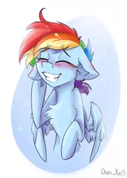 Size: 1560x2180 | Tagged: safe, artist:yuris, derpibooru import, rainbow dash, pegasus, pony, blushing, chest fluff, cute, ear blush, ear fluff, female, floppy ears, image, png, simple background, solo, white background