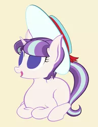 Size: 1741x2261 | Tagged: safe, anonymous artist, derpibooru import, snowfall frost, starlight glimmer, pony, unicorn, bangs, cream background, cute, eyelashes, female, filly, filly starlight glimmer, foal, hat, horn, image, looking offscreen, lying down, no pupils, no shading, open mouth, png, prone, ribbon, simple background, smiling, solo, tail, white pupils, younger