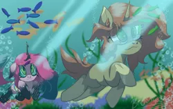 Size: 1280x811 | Tagged: safe, artist:brybrychan, derpibooru import, oc, unofficial characters only, changeling, fish, pony, unicorn, bubble, crepuscular rays, date, disguise, disguised changeling, female, green eyes, horn, image, male, mare, ocean, png, rock, seaweed, signature, stallion, sunlight, swimming, underwater, water