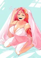 Size: 1400x2000 | Tagged: suggestive, artist:sozglitch, derpibooru import, sunset shimmer, human, bed, big breasts, breasts, busty sunset shimmer, cleavage, clothes, cute, eyes closed, female, huge breasts, humanized, image, jpeg, kneeling, nightgown, open mouth, open smile, sheet, shimmerbetes, smiling, solo, solo female