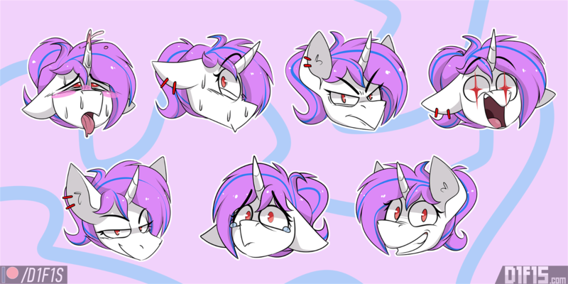 Size: 1600x800 | Tagged: safe, artist:difis, derpibooru import, oc, oc:purpleflare, unofficial characters only, unicorn, ahegao, commission, crying, ear piercing, earring, embarrassed, emotes, image, jewelry, open mouth, piercing, png, smug, tongue out, ych result