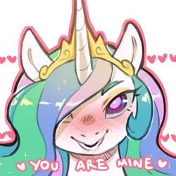 Size: 1159x1159 | Tagged: safe, artist:cold-blooded-twilight, derpibooru import, princess celestia, alicorn, pony, blushing, crown, dialogue, eyeshadow, female, g4, heart, image, jewelry, looking at you, makeup, mare, open mouth, open smile, png, regalia, simple background, smiling, solo, transparent background, yandelestia, yandere