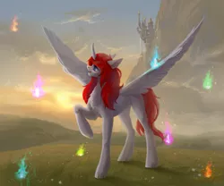 Size: 3600x3000 | Tagged: safe, artist:inarimayer, derpibooru import, oc, unofficial characters only, alicorn, pony, alicorn oc, canterlot castle, cloud, curved horn, female, fire, horn, image, magic fire, mare, mountain, png, scenery, solo, spread wings, standing, sunset, surprised, wings