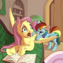 Size: 1000x1001 | Tagged: safe, artist:gor1ck, derpibooru import, fluttershy, rainbow dash, pegasus, pony, behaving like a cat, biting, book, bookshelf, butt bite, cutie mark, cyrillic, duo, eyelashes, fetlock tuft, image, jpeg, russian, shocked, spread wings, surprised, tail, translated in the comments, underhoof, wings