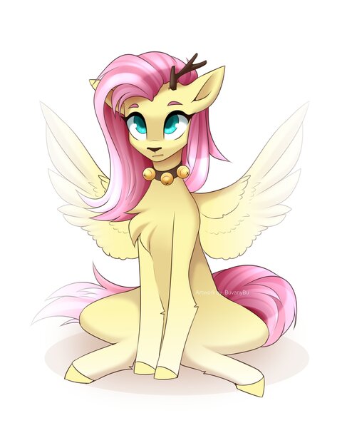 Size: 3276x4096 | Tagged: safe, artist:buvanybu, derpibooru import, fluttershy, deer, deer pony, original species, peryton, bell, bell collar, chest fluff, collar, flutterdeer, image, jpeg, simple background, solo, species swap, white background