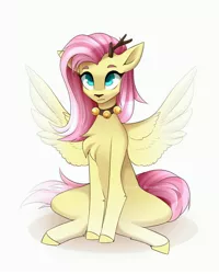 Size: 3276x4096 | Tagged: safe, artist:buvanybu, derpibooru import, fluttershy, deer, deer pony, original species, peryton, bell, bell collar, chest fluff, collar, flutterdeer, image, jpeg, simple background, solo, species swap, white background