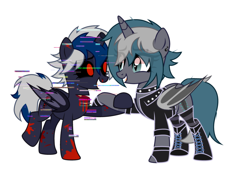 Size: 3586x2741 | Tagged: safe, artist:idkhesoff, derpibooru import, oc, oc:elizabat stormfeather, oc:elizabrat meanfeather, oc:elizaglitch.exe, unofficial characters only, alicorn, bat pony, bat pony alicorn, pony, alicorn oc, bat pony oc, bat wings, black sclera, blood, boots, broken horn, choker, clone, clothes, cut, derpibooru exclusive, ear piercing, earring, error, female, fingerless gloves, glitch, gloves, grin, holding hooves, horn, image, jacket, jewelry, leather jacket, looking at each other, looking at someone, mare, piercing, png, raised hoof, raised leg, red eyes, shoes, simple background, smiling, socks, spiked choker, striped socks, transparent background, wings