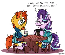 Size: 2004x1701 | Tagged: safe, artist:bobthedalek, derpibooru import, starlight glimmer, sunburst, pony, unicorn, bathrobe, clothes, coffee, coffee mug, coffee pot, cup, female, image, male, messy mane, morning ponies, mug, pajamas, png, robe, shipping, simple background, slippers, starburst, straight, teacup, themed slipper, white background