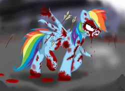 Size: 2338x1700 | Tagged: grimdark, artist:lennondash, derpibooru import, rainbow dash, pegasus, pony, arrow, battlefield, bleeding, blood, blood on face, bloody hooves, broken wing, covered in blood, cut, dripping blood, female, gritted teeth, image, impalement, mare, messy mane, messy tail, png, solo, still alive, tail, teary eyes, wings