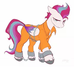 Size: 2048x1856 | Tagged: safe, artist:littmosa, derpibooru import, zipp storm, pegasus, pony, bound wings, chained, chains, clothes, commission, cuffed, cuffs, g5, image, jpeg, never doubt rainbowdash69's involvement, prison outfit, shackles, wings