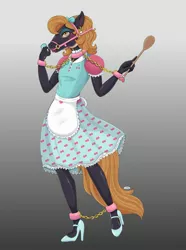 Size: 2059x2764 | Tagged: suggestive, alternate version, artist:mortimer todd, derpibooru import, oc, unofficial characters only, anthro, earth pony, unguligrade anthro, abstract background, clothes, cuffs, dress, earth pony oc, eyelashes, female, gradient background, housewife, image, jpeg, latex, latex suit, solo, spatula