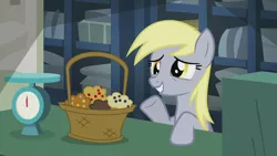 Size: 1920x1080 | Tagged: safe, derpibooru import, screencap, derpy hooves, pegasus, pony, season 5, slice of life (episode), basket, food, image, muffin, png, raised hoof, smiling, solo, that pony sure does love muffins