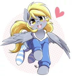 Size: 1400x1464 | Tagged: safe, artist:nekoshiei, derpibooru import, derpy hooves, pegasus, pony, blushing, clothes, cute, derpabetes, female, heart, hoodie, image, jpeg, looking at you, mare, open mouth, simple background, smiling, smiling at you, socks, solo, striped socks, white background