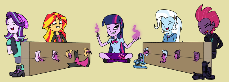 Size: 2316x832 | Tagged: suggestive, artist:arachnid95, derpibooru import, starlight glimmer, sunset shimmer, tempest shadow, trixie, twilight sparkle, equestria girls, barefoot, beanie, bondage, boots, bowtie, brush, clothes, crying, equestria girls-ified, erotic tickling, eye scar, eyes closed, feather, feet, female, femdom, femsub, fetish, foot fetish, grin, hat, high heel boots, image, jacket, laughing, leather jacket, levitation, magic, one eye closed, png, scar, shirt, shoes, simple background, skirt, smiling, socks, soles, stocks, submissive, t-shirt, tears of laughter, telekinesis, tickle fetish, tickle torture, tickling, vest, wink, yellow background