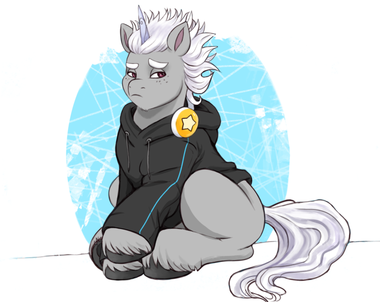 Size: 2253x1787 | Tagged: safe, artist:sallylla, derpibooru import, alphabittle (g5), pony, unicorn, g5, my little pony: a new generation, alphabittle is not amused, clothes, freckles, frown, headphones, hoodie, hooves, image, lidded eyes, male, png, raised eyebrow, raised hoof, simple background, sitting, solo, stallion, unamused, unshorn fetlocks, younger