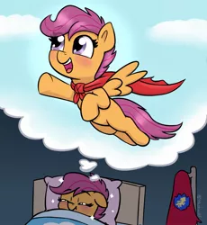 Size: 1629x1773 | Tagged: safe, artist:heretichesh, derpibooru import, scootaloo, pegasus, pony, bed, blank flank, blushing, cape, clothes, cmc cape, cute, cutealoo, dream, female, filly, floppy ears, flying, foal, image, jpeg, open mouth, open smile, sleeping, smiling, solo, sparkles, sweet dreams fuel, thought bubble