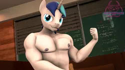 Size: 1920x1080 | Tagged: suggestive, artist:senthaurekmern, derpibooru import, shining armor, anthro, unicorn, 3d, commission, fetish, fist, flexing, flexing muscles, image, lidded eyes, looking at someone, male, muscle fetish, muscles, png, smiling, solo, solo male, source filmmaker, swelling armor, watermark