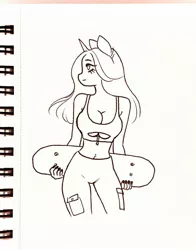 Size: 1602x2048 | Tagged: safe, artist:katputze, derpibooru import, oc, oc:crimson sunset, unofficial characters only, anthro, unicorn, belly button, breasts, cleavage, female, grayscale, image, jpeg, looking away, midriff, monochrome, skateboard, solo, traditional art