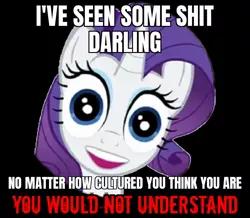 Size: 822x716 | Tagged: artist needed, safe, derpibooru import, edit, rarity, pony, unicorn, black background, caption, darling, horn, i've seen some shit, image, image macro, jpeg, looking at you, meme, overly attached girlfriend, simple background, smiling, smiling at you, solo, staring at you, staring into your soul, text, uncanny valley, vector, vulgar