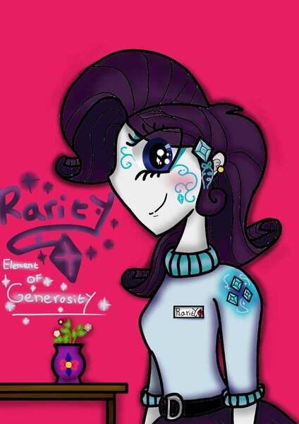 Size: 724x1024 | Tagged: safe, artist:indonesia pony, derpibooru import, rarity, equestria girls, clothes, crystal, female, generosity, image, jpeg, looking at you, magic, name tag, pink background, potted plant, side view, simple background, skirt, smiling, smiling at you, solo, table