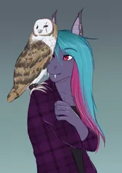 Size: 1294x1827 | Tagged: safe, artist:askbubblelee, derpibooru import, oc, oc:night owl, unofficial characters only, anthro, bird, hybrid, owl, anthro oc, bat pony pegasus, clothes, digital art, eye scar, fangs, female, gradient background, hybrid oc, image, pet, png, scar, smiling, wingless, wingless anthro