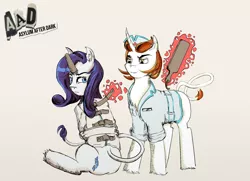 Size: 2069x1500 | Tagged: safe, artist:dreamingnoctis, derpibooru import, rarity, oc, oc:nurse ratchet, pony, unicorn, bondage, image, magic suppression, nurse outfit, paddle, png, straitjacket