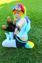 Size: 1066x1600 | Tagged: safe, artist:robinyume, derpibooru import, rainbow dash, human, clothes, cosplay, costume, fingerless gloves, gloves, goggles, image, irl, irl human, jpeg, photo, solo