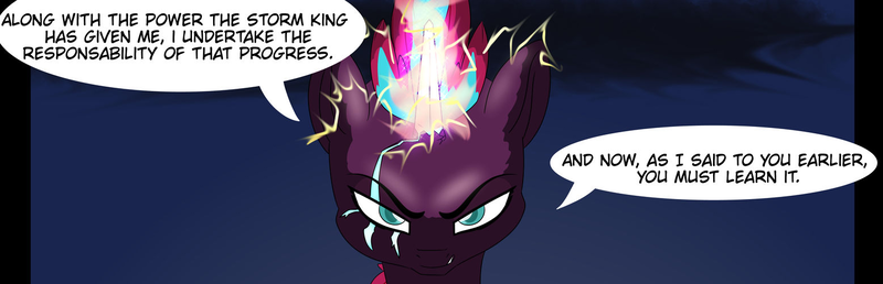 Size: 1554x502 | Tagged: safe, artist:chedx, derpibooru import, tempest shadow, pony, unicorn, comic:the storm kingdom, alternate universe, bad end, cropped, crystal of light, general tempest shadow, glow, glowing horn, horn, image, png, scar, sinister, smiling, smirk, tempest gets her horn back, the bad guy wins