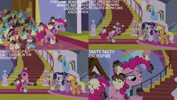 Size: 1280x720 | Tagged: safe, derpibooru import, edit, edited screencap, editor:quoterific, screencap, applejack, fluttershy, pinkie pie, rainbow dash, rarity, spike, twilight sparkle, twilight sparkle (alicorn), alicorn, dragon, earth pony, pegasus, pony, unicorn, season 9, the ending of the end, spoiler:s09, applejack's hat, cowboy hat, cupcake, female, flying, food, hat, image, male, mane seven, mane six, mare, nose in the air, open mouth, png, smiling, spread wings, text, winged spike, wings