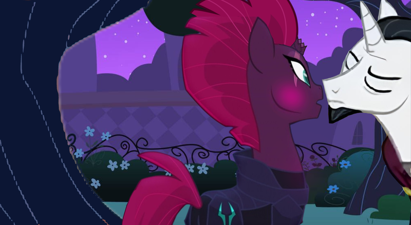 Size: 4096x2242 | Tagged: safe, artist:decokelow, derpibooru import, edit, screencap, chancellor neighsay, fizzlepop berrytwist, tempest shadow, pony, unicorn, about to kiss, armor, blushing, canterlot gardens, clothes, edit screencap, eyes closed, female, i ship it, image, just kiss already, male, mare, photo, png, robe, shipping, shipping fuel, stallion, straight, tempest neighsay