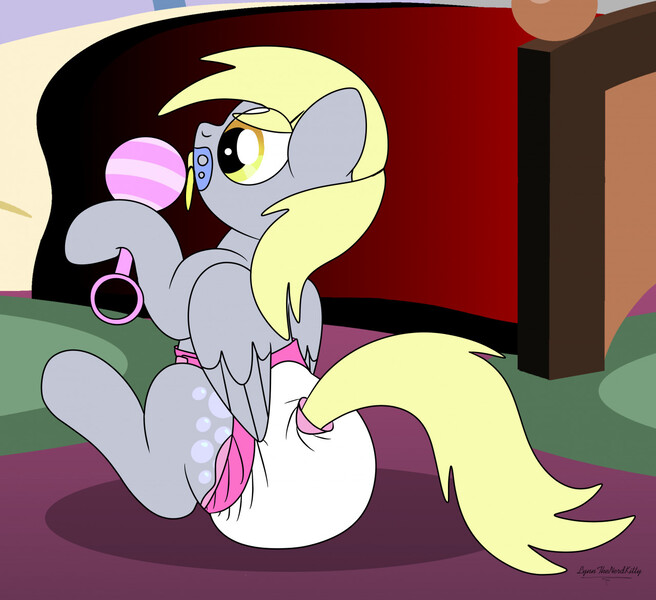 Size: 1280x1171 | Tagged: questionable, artist:lynnthenerdkitty, derpibooru import, derpy hooves, pegasus, pony, adult foal, bedroom, diaper, diaper fetish, fetish, image, jpeg, pacifier, poofy diaper, rattle, sitting, solo