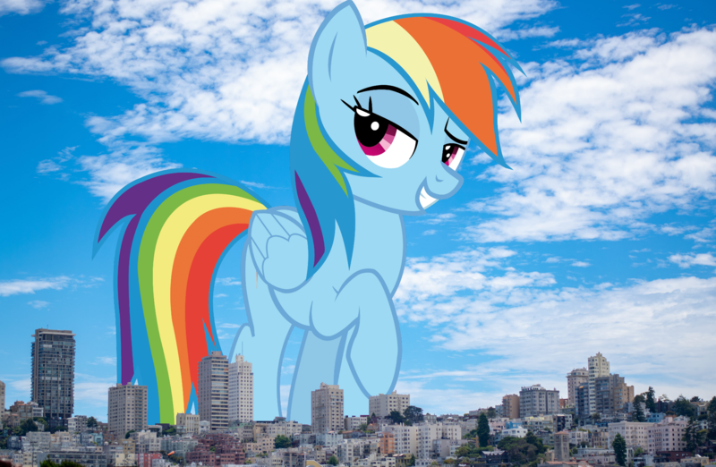 Size: 2300x1502 | Tagged: safe, artist:rainbowmaned, artist:thegiantponyfan, derpibooru import, rainbow dash, pegasus, pony, california, female, giant pegasus, giant pony, giant rainbow dash, giantess, highrise ponies, image, irl, looking at you, macro, mare, mega giant, mega/giant rainbow dash, photo, png, ponies in real life, raised hoof, san francisco, smiling