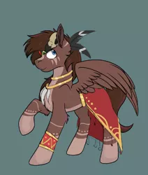 Size: 436x514 | Tagged: safe, artist:rokosmith26, derpibooru import, oc, oc:hell berry, unofficial characters only, pegasus, pony, blaze (coat marking), blue eyes, bone, bracelet, chest fluff, clothes, coat markings, facial markings, feather, image, jewelry, male, neck rings, necklace, pegasus oc, png, raised hoof, simple background, sketch, skull, smiling, solo, spread wings, stallion, standing, tribal, tribal markings, wings