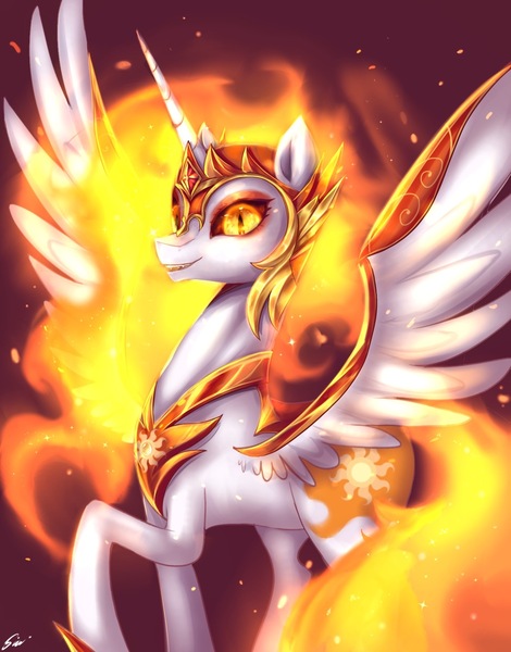 Size: 1386x1769 | Tagged: safe, artist:midna77, derpibooru import, daybreaker, alicorn, pony, armor, colored pupils, female, fire, flowing mane, flowing tail, gem, helmet, hoof shoes, horn, image, jewelry, jpeg, long horn, looking at you, majestic, mane of fire, mare, open mouth, peytral, raised hoof, redraw, regalia, signature, simple background, smiling, solo, spread wings, tail, tail of fire, teeth, wing armor, wings, yellow eyes