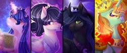 Size: 3789x1583 | Tagged: safe, artist:dinkydoolove, derpibooru import, oc, unofficial characters only, alicorn, changepony, hybrid, pony, alicorn oc, glow, glowing horn, horn, image, interspecies offspring, jpeg, magic, offspring, parent:flash sentry, parent:king sombra, parent:princess cadance, parent:princess celestia, parent:princess luna, parent:shining armor, parent:thorax, parent:twilight sparkle, parents:flashlight, parents:lumbra, parents:shiningcadance, parents:thoralestia, simple background, telekinesis, wings