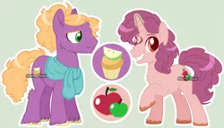 Size: 4919x2812 | Tagged: safe, artist:dinkydoolove, derpibooru import, oc, unofficial characters only, earth pony, pony, unicorn, base used, clothes, duo, earth pony oc, grin, horn, image, offspring, parent:big macintosh, parent:sugar belle, parents:sugarmac, png, scarf, simple background, smiling, unicorn oc