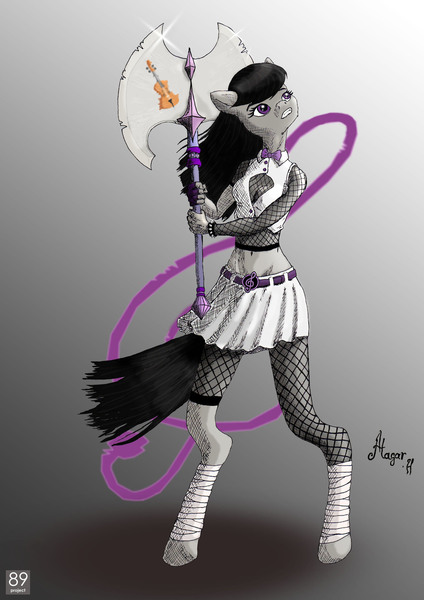 Size: 2481x3509 | Tagged: safe, artist:magarnadge, derpibooru import, octavia melody, anthro, earth pony, unguligrade anthro, axe, battle axe, clothes, cutie mark background, female, gradient background, image, jpeg, signature, skirt, solo, weapon
