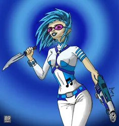 Size: 2228x2365 | Tagged: safe, artist:magarnadge, derpibooru import, vinyl scratch, human, abstract background, clothes, dagger, female, humanized, image, jpeg, lipstick, solo, sunglasses, weapon