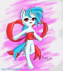 Size: 1600x1800 | Tagged: safe, artist:magarnadge, derpibooru import, vinyl scratch, pony, unicorn, abstract background, bipedal, bow, female, horn, image, jpeg, mare, missing accessory, signature, solo