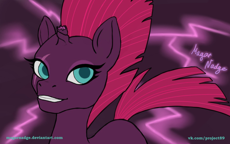 Size: 945x591 | Tagged: safe, artist:magarnadge, derpibooru import, tempest shadow, pony, unicorn, broken horn, bust, eye scar, female, grin, horn, image, jpeg, lightning, mare, scar, smiling, solo