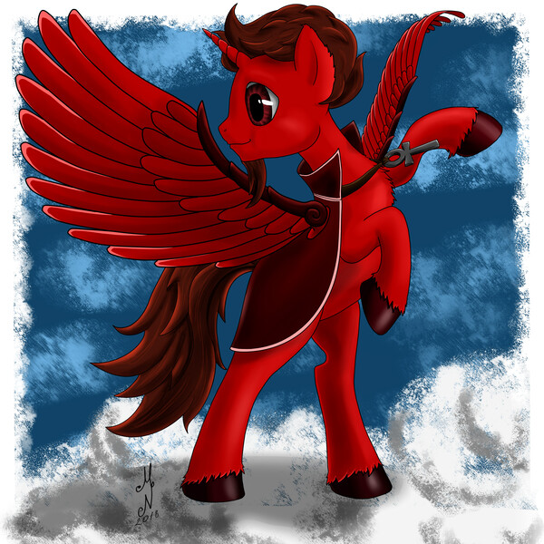 Size: 3200x3200 | Tagged: safe, artist:magarnadge, derpibooru import, oc, unofficial characters only, alicorn, pony, alicorn oc, choker, cloak, clothes, cloud, colored hooves, female, horn, image, jewelry, jpeg, looking back, mare, necklace, on a cloud, solo, wings