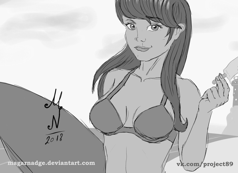 Size: 1200x870 | Tagged: safe, artist:magarnadge, derpibooru import, octavia melody, smolder, human, bikini, bust, clothes, female, food, grayscale, humanized, image, jpeg, monochrome, popsicle, smiling, solo, surfboard, swimsuit