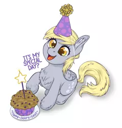 Size: 1149x1200 | Tagged: safe, artist:taytinabelle, derpibooru import, derpy hooves, pegasus, pony, chest fluff, derpy day, dialogue, ear fluff, female, food, happy, hat, image, jpeg, looking at you, looking up, looking up at you, mare, muffin, open mouth, party hat, raised hoof, simple background, sitting, smiling, solo, unshorn fetlocks