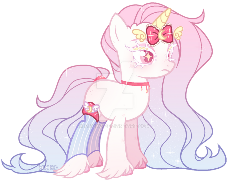 Size: 1024x813 | Tagged: safe, artist:miioko, derpibooru import, oc, unofficial characters only, pony, unicorn, bow, choker, deviantart watermark, hoof fluff, horn, horn bow, image, obtrusive watermark, png, simple background, solo, starry eyes, transparent background, unicorn oc, watermark, wingding eyes