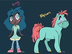 Size: 2732x2048 | Tagged: safe, artist:ask-y, derpibooru import, oc, earth pony, human, pony, blush sticker, blushing, clothes, dark skin, duo, earth pony oc, image, png, shoes, simple background, skirt, smiling