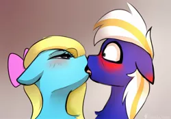 Size: 2165x1505 | Tagged: safe, artist:cornelia_nelson, derpibooru import, oc, oc:cuteamena, oc:electric blue, unofficial characters only, pony, blushing, bow, couple, electricute, female, french kiss, image, jpeg, kissing, male, mare, romantic, shipping, sketch, stallion, straight, surprised