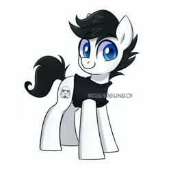 Size: 1800x1800 | Tagged: safe, artist:handgunboi, derpibooru import, oc, unofficial characters only, earth pony, pony, clothes, commission, earth pony oc, eyebrows, eyebrows visible through hair, full body, hooves, image, jpeg, male, signature, simple background, smiling, solo, stallion, standing, tail, watermark, white background