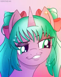 Size: 1185x1500 | Tagged: safe, artist:lennonblack, derpibooru import, oc, oc:magicalmysticva, unofficial characters only, unicorn, eyebrows, face, funny, funny face, green eyes, image, pink coat, png, raised eyebrow, smiling, smirk, smug, sparkles